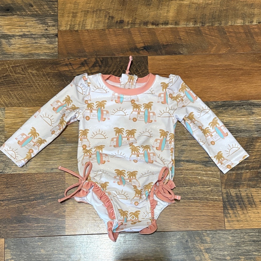 Caden Lane Palm and Car Print Bodysuit‎ - Pink and Tan